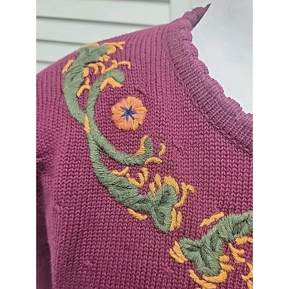 Vtg Charter Club Jane Justin SZ L 100% Cotton Sweater Purple Maroon Embroidered - Picture 2 of 10